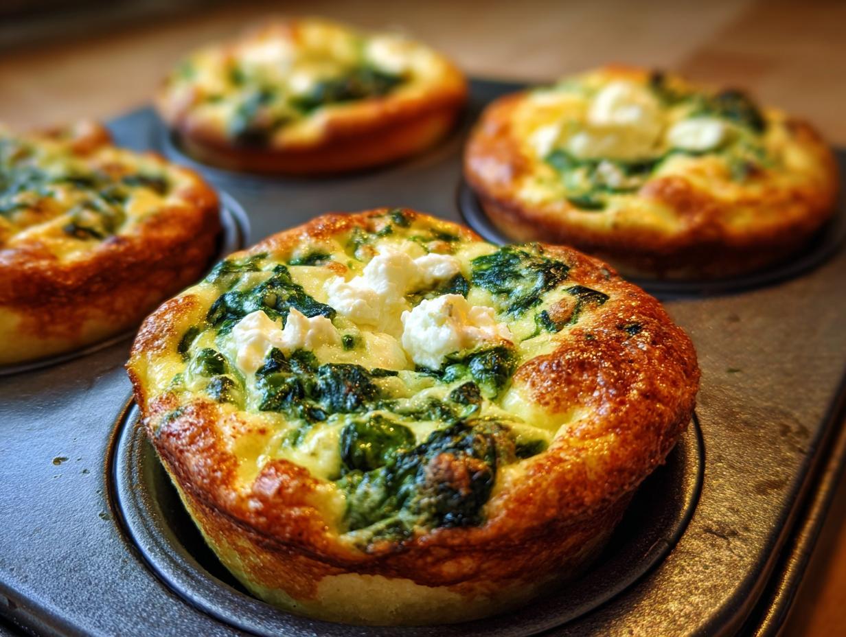 Baked Cottage Cheese Egg Cups With Spinach & Feta in a muffin tin, golden brown and ready to eat.