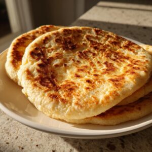 A stack of golden Cottage Cheese Flatbread on a white plate, showcasing its texture and color.