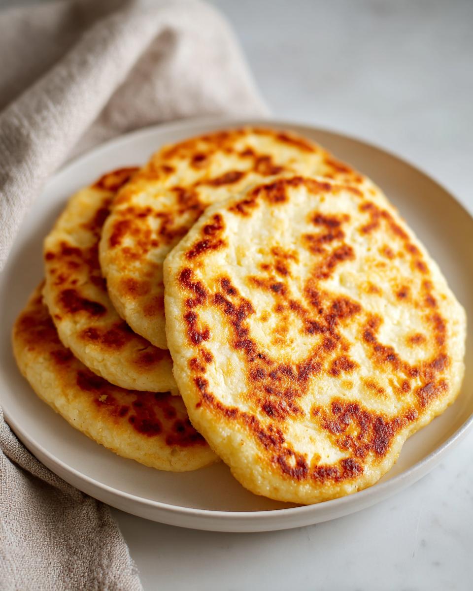 Stack of golden-brown Cottage Cheese Flatbread on a white plate, ready to eat.