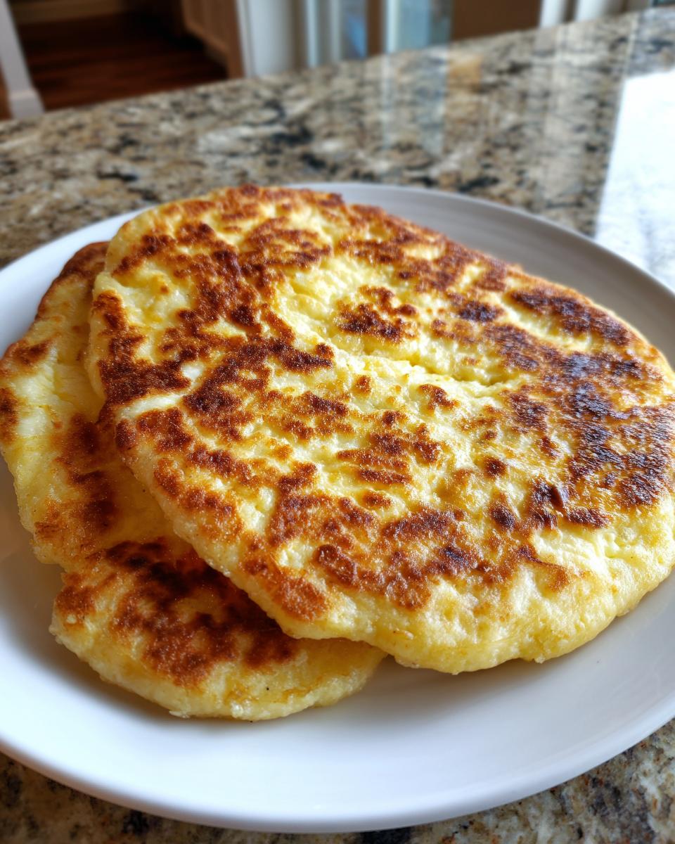 Stack of golden-brown Cottage Cheese Flatbread on a white plate, showing a slightly crisp texture.