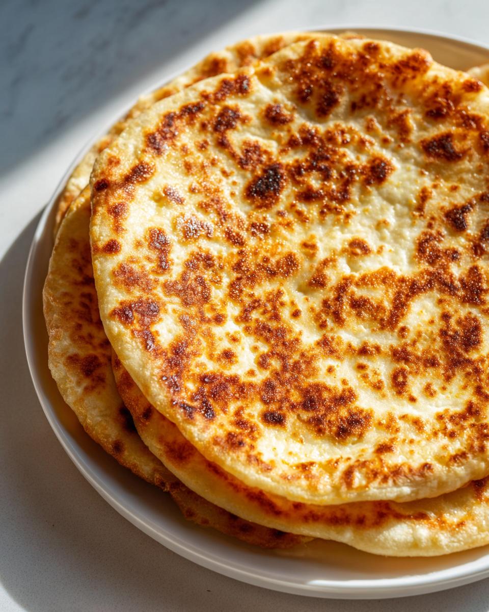 A stack of golden brown Cottage Cheese Flatbread on a white plate, showcasing their texture.