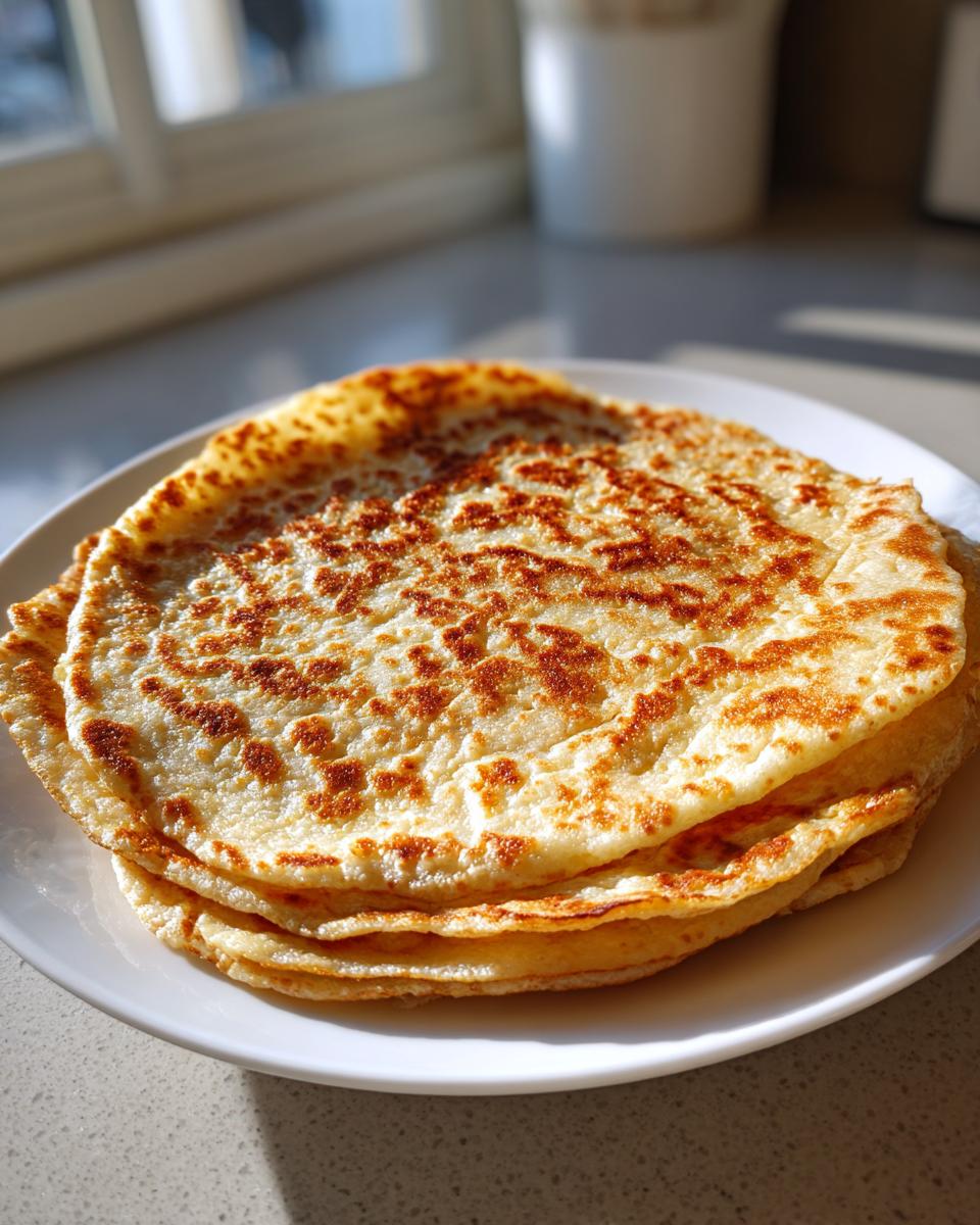A stack of golden brown Cottage Cheese Flatbread on a white plate, showcasing its texture.