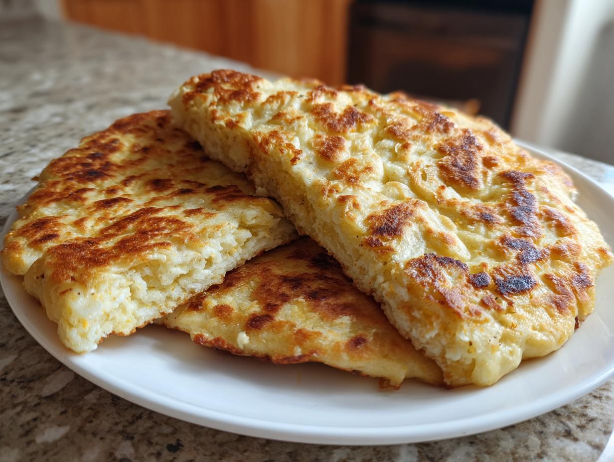 A stack of golden brown Cottage Cheese Flatbread on a white plate, showcasing its texture and simple ingredients.