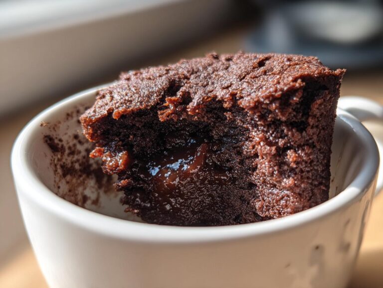 Close-up of a fudgy Cottage Cheese Microwave Brownie in a white mug, showing a gooey center.