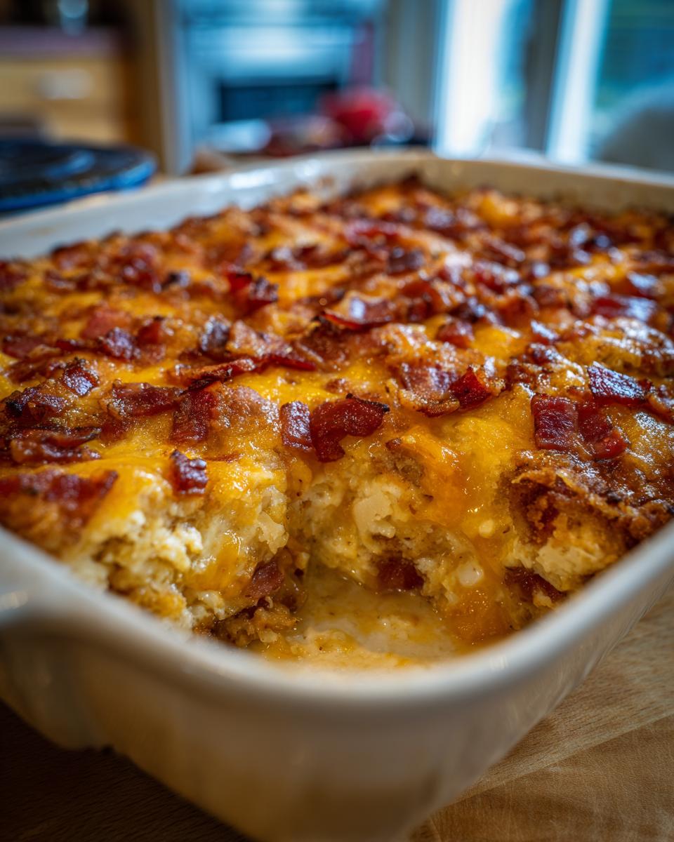 Close-up of a Crack Chicken Casserole in a baking dish, topped with melted cheese and crispy bacon bits.
