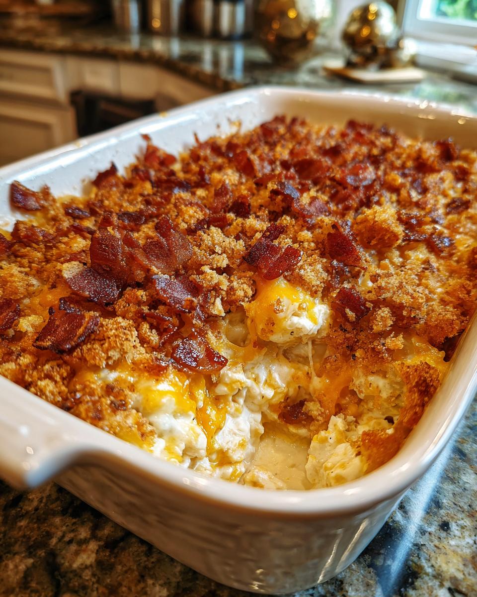 A creamy Crack Chicken Casserole in a white baking dish, topped with bacon and breadcrumbs.