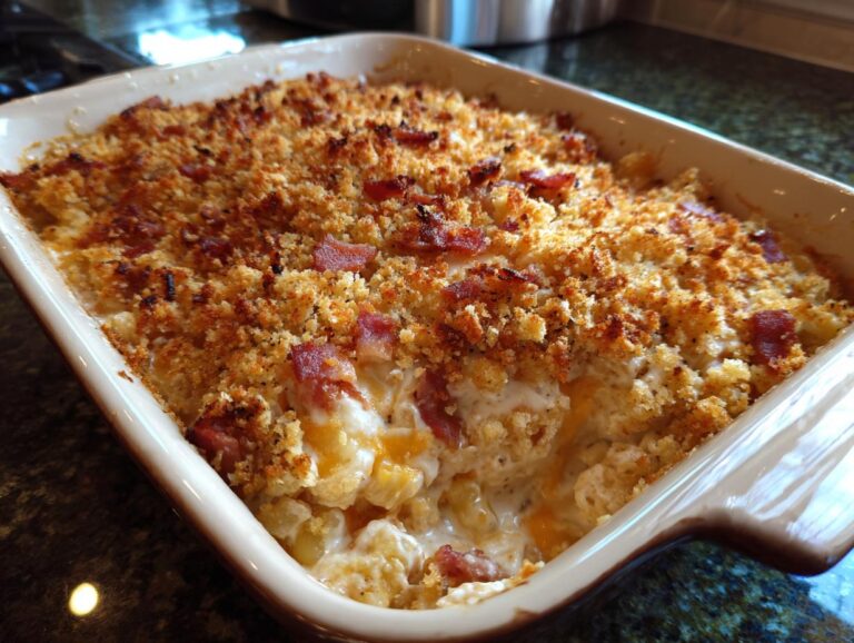 Baked crack chicken casserole in a dish, featuring a golden crust, bacon bits, and creamy filling.