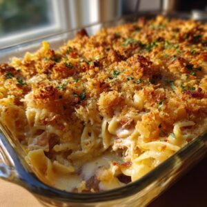 Golden brown Crack Chicken Casserole in a glass baking dish, topped with breadcrumbs and parsley.