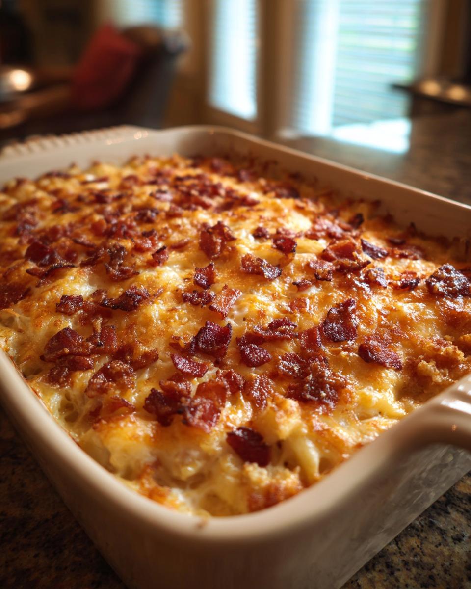 A freshly baked Crack Chicken Casserole in a baking dish, topped with melted cheese and crispy bacon bits.