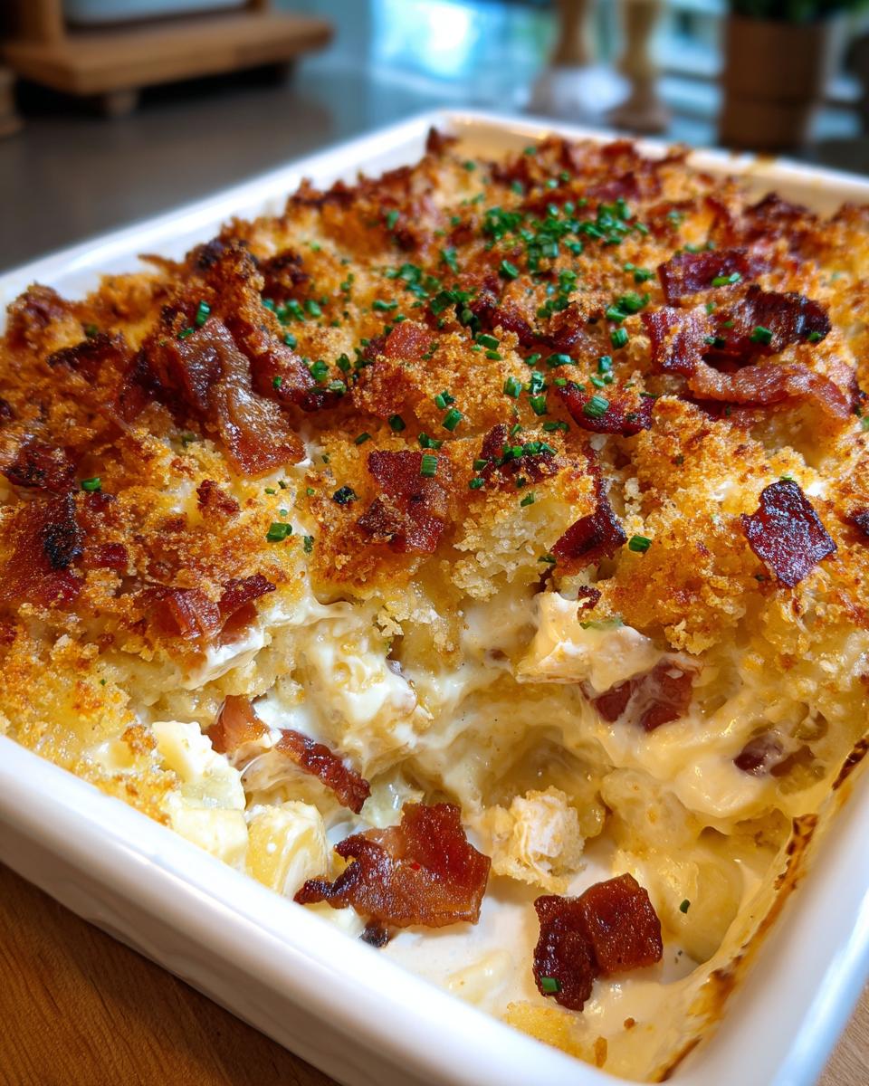 A close-up of a creamy Crack Chicken Casserole in a white baking dish, topped with bacon and herbs.