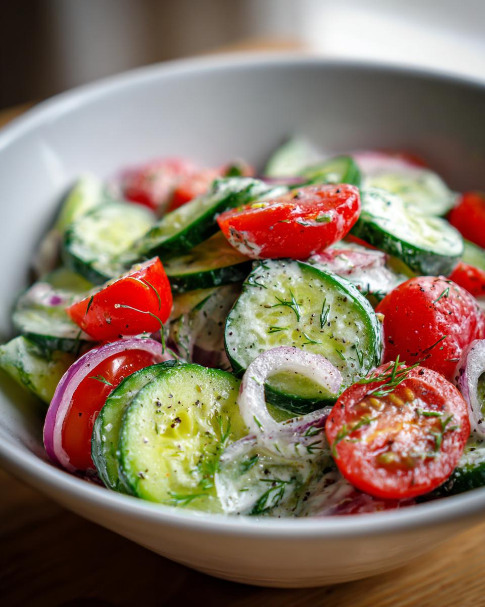 Close-up of a bowl of Creamy Cucumber Tomato Salad with red onion and dill.