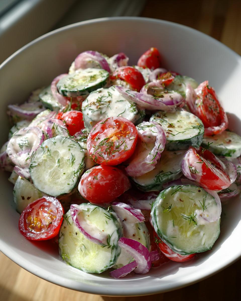 A bowl of Creamy Cucumber Tomato Salad with sliced cucumbers, tomatoes, red onions, and a creamy dressing.
