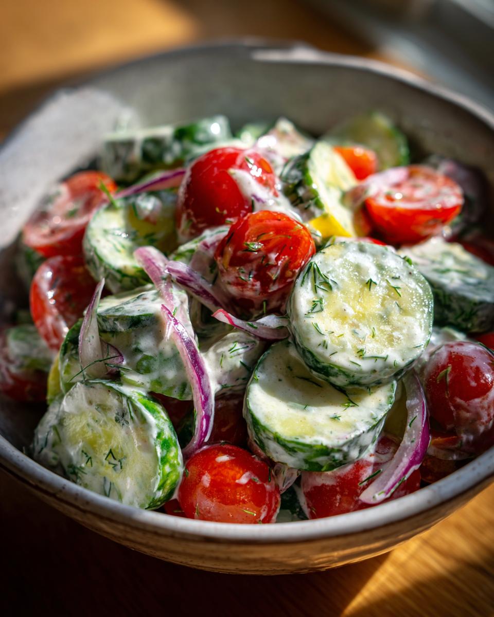 Close-up of a bowl of Creamy Cucumber Tomato Salad with dill and red onion.