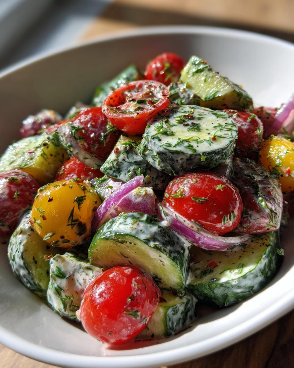 Close-up of Creamy Cucumber Tomato Salad in a white bowl, featuring cucumbers, tomatoes, red onions, and creamy dressing.