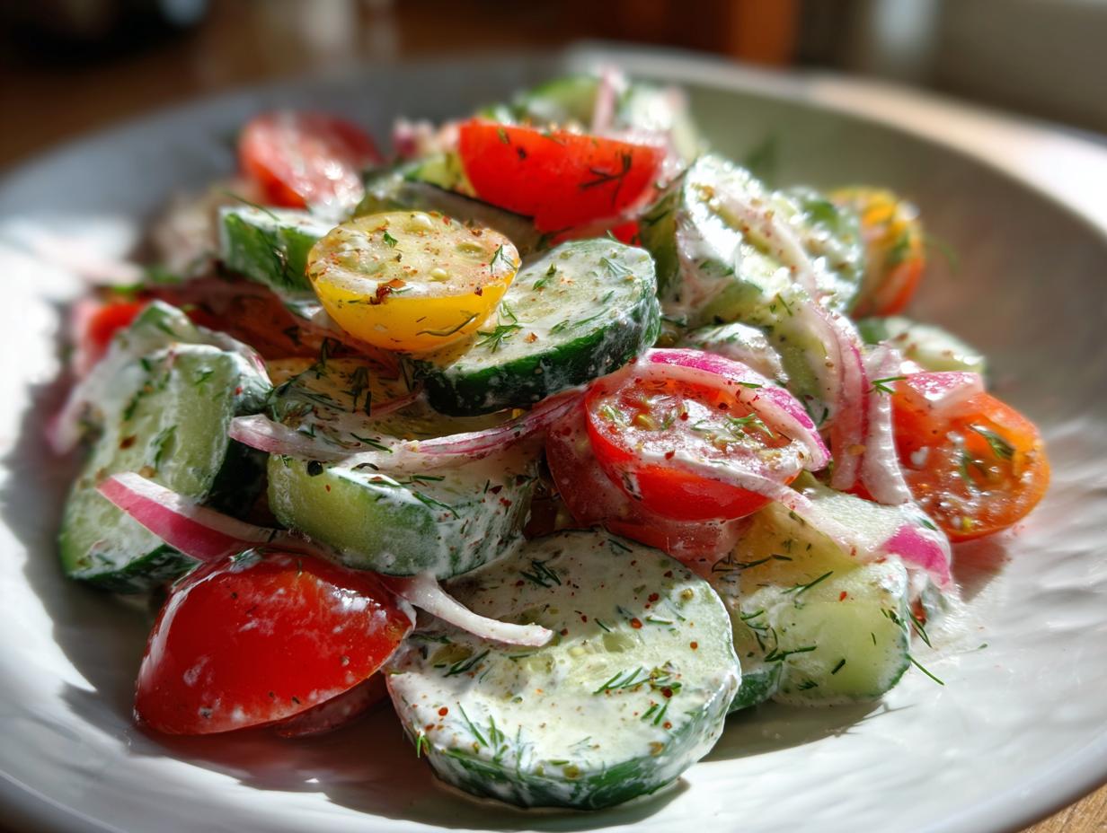 Close-up of Creamy Cucumber Tomato Salad with cucumbers, tomatoes, red onion, and creamy dressing on a white plate.