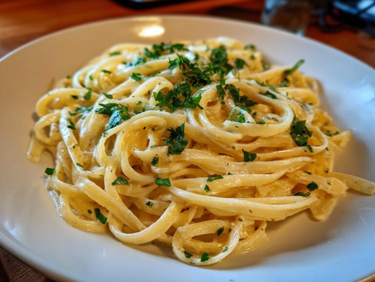 Close-up of Creamy Lemon Pasta on a white plate, garnished with fresh parsley.