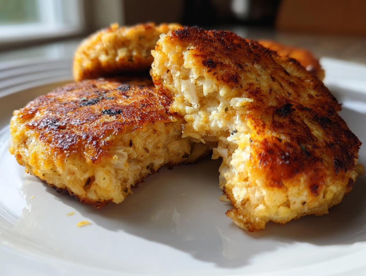 Close-up of golden brown Tuna Patties on a white plate, one patty broken open to show the inside.