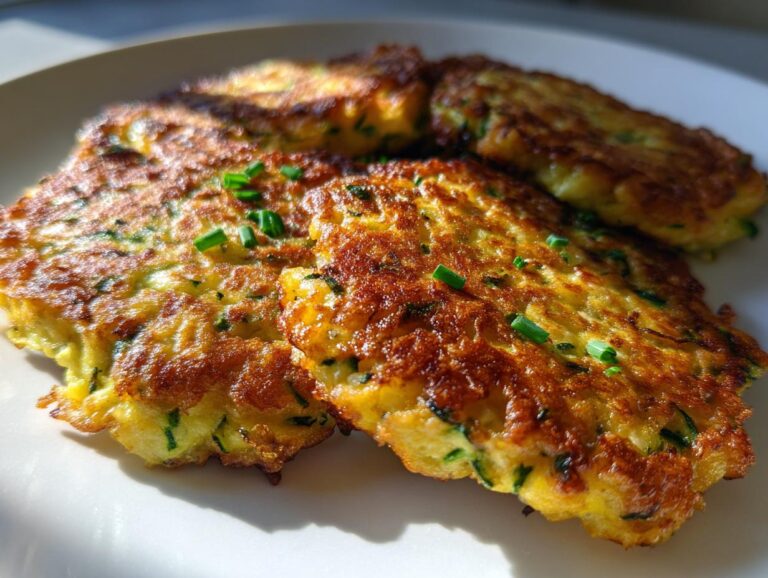 Close-up of golden, crispy zucchini fritters on a white plate, garnished with fresh chives.