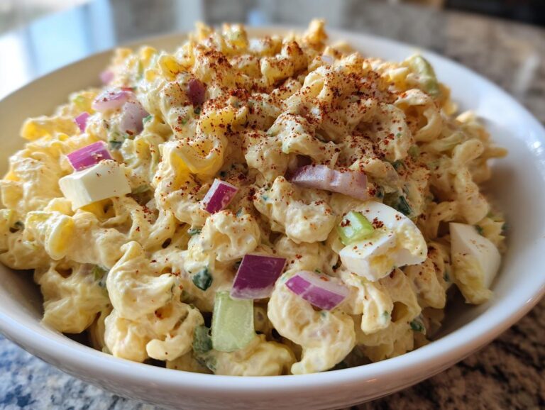Close-up of creamy Deviled Egg Pasta Salad with elbow macaroni, eggs, red onion, celery, and paprika in a white bowl.