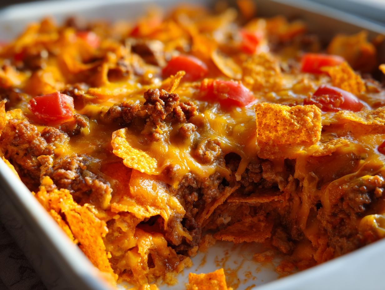 Close-up of Dorito Casserole with ground beef, melted cheese, tomatoes, and Doritos in a white baking dish.