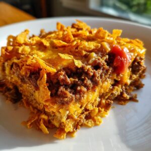 A slice of Dorito Casserole with ground beef, cheese, and crushed Doritos on a white plate.