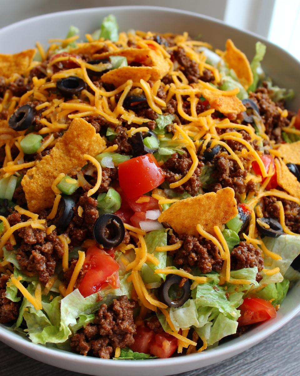 Overhead shot of a Dorito taco salad in a bowl with lettuce, ground beef, cheese, tomatoes, and olives.