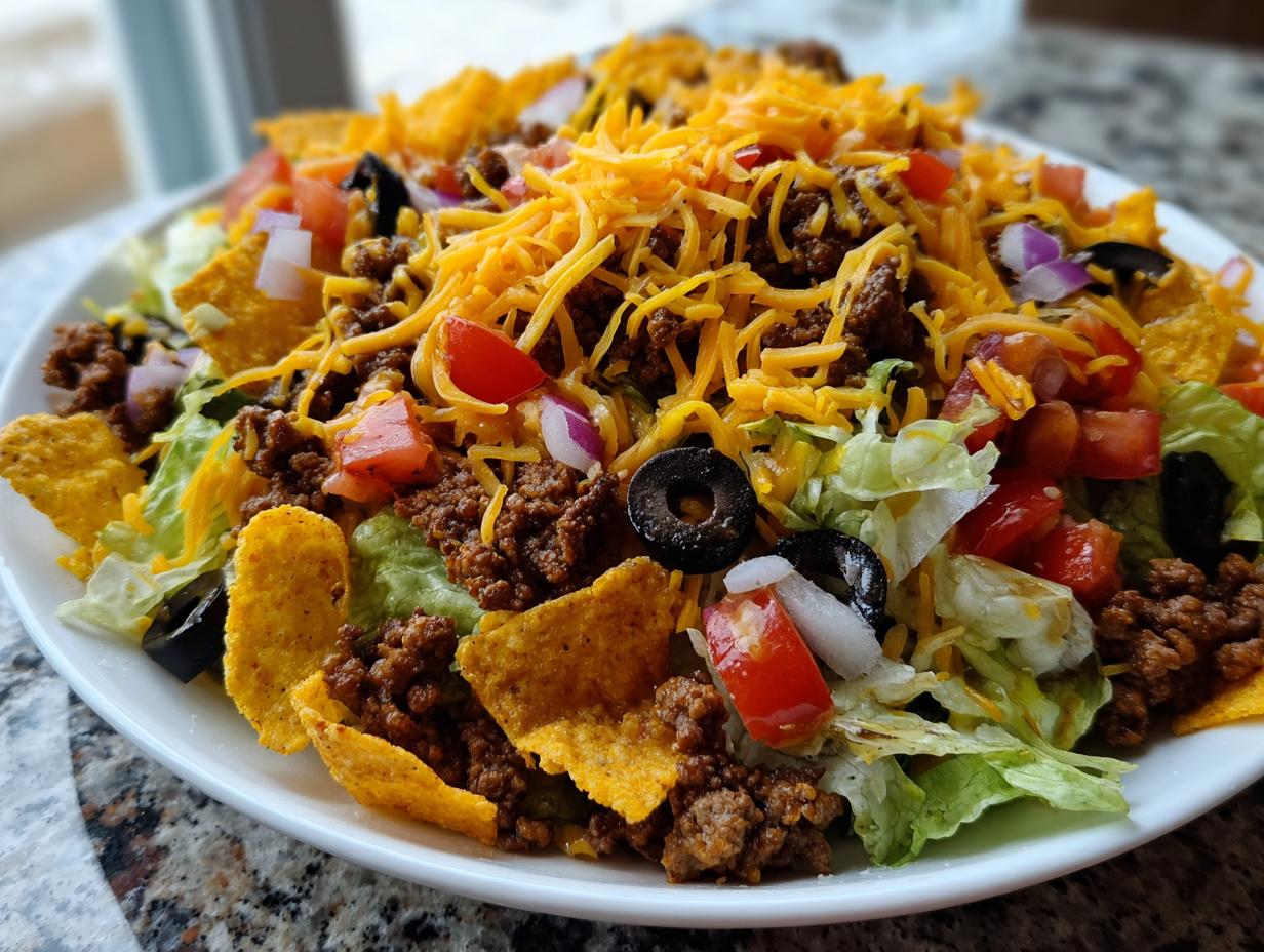 A vibrant Dorito taco salad with ground beef, lettuce, tomatoes, cheese, olives, and red onions.
