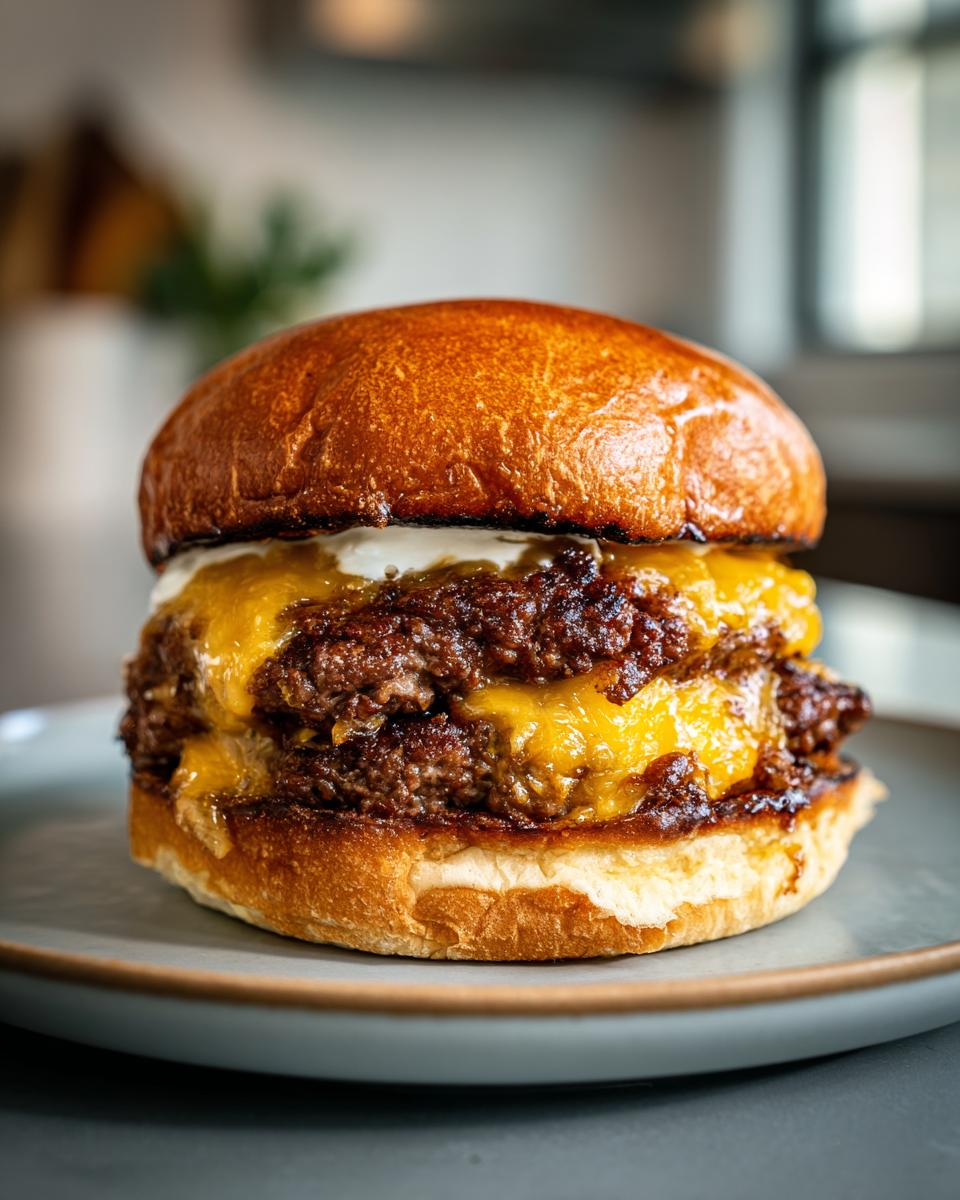 A delicious double cheeseburger, showcasing the Smash Burger Recipe, with melted cheese and a toasted bun.