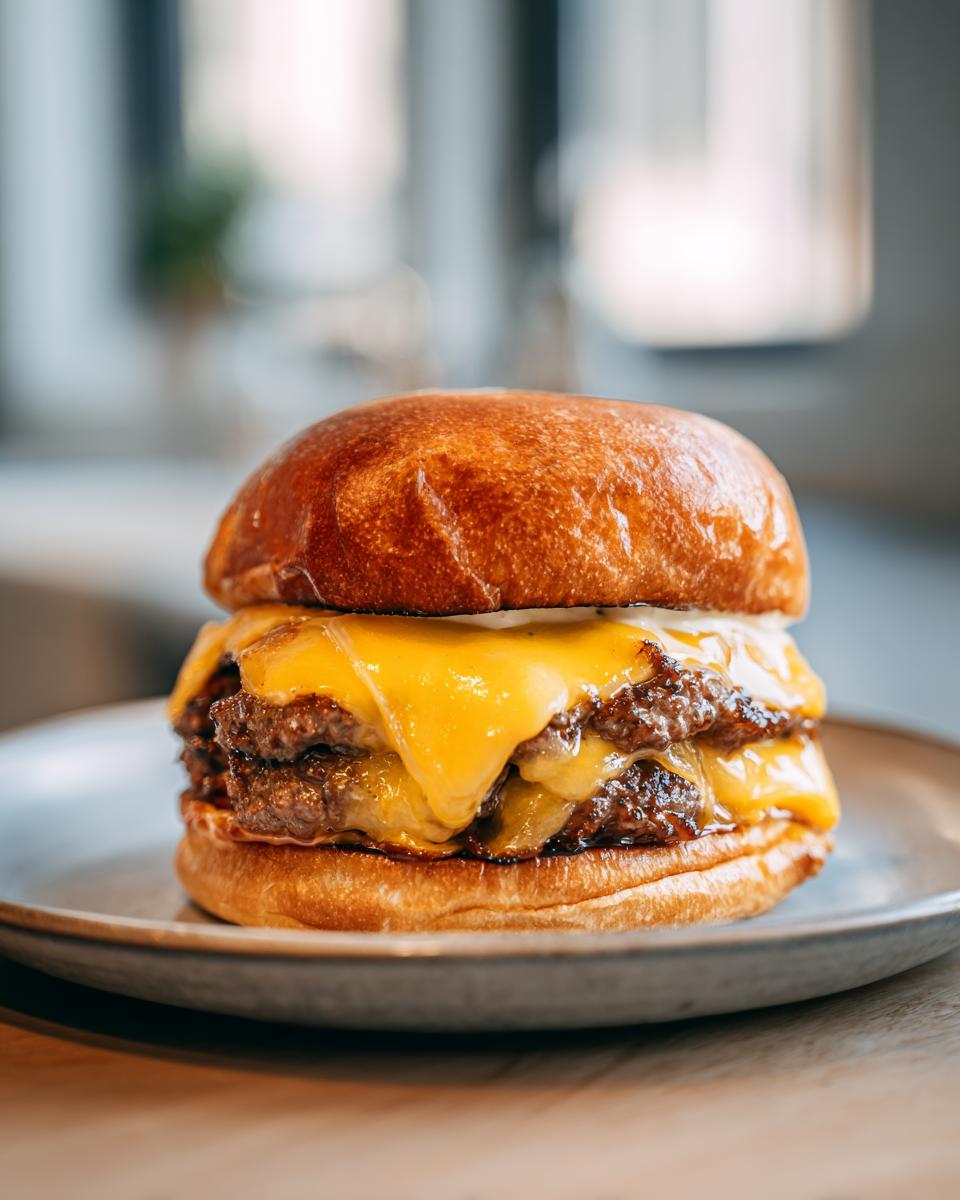 Delicious double cheeseburger, a Smash Burger Recipe, with melted cheese on a brioche bun.