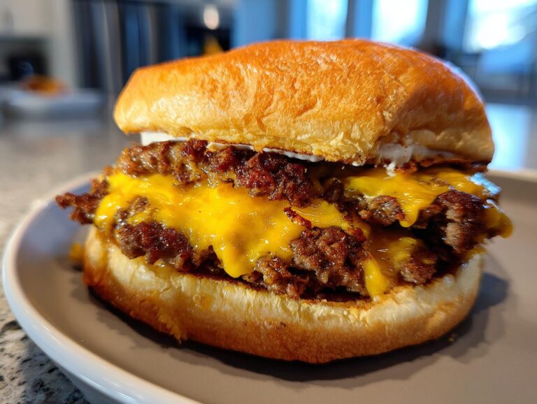 A double cheeseburger Smash Burger Recipe with melted cheese and a toasted bun, sitting on a gray plate.