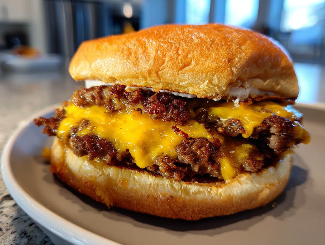 A double cheeseburger Smash Burger Recipe with melted cheese and a toasted bun, sitting on a gray plate.