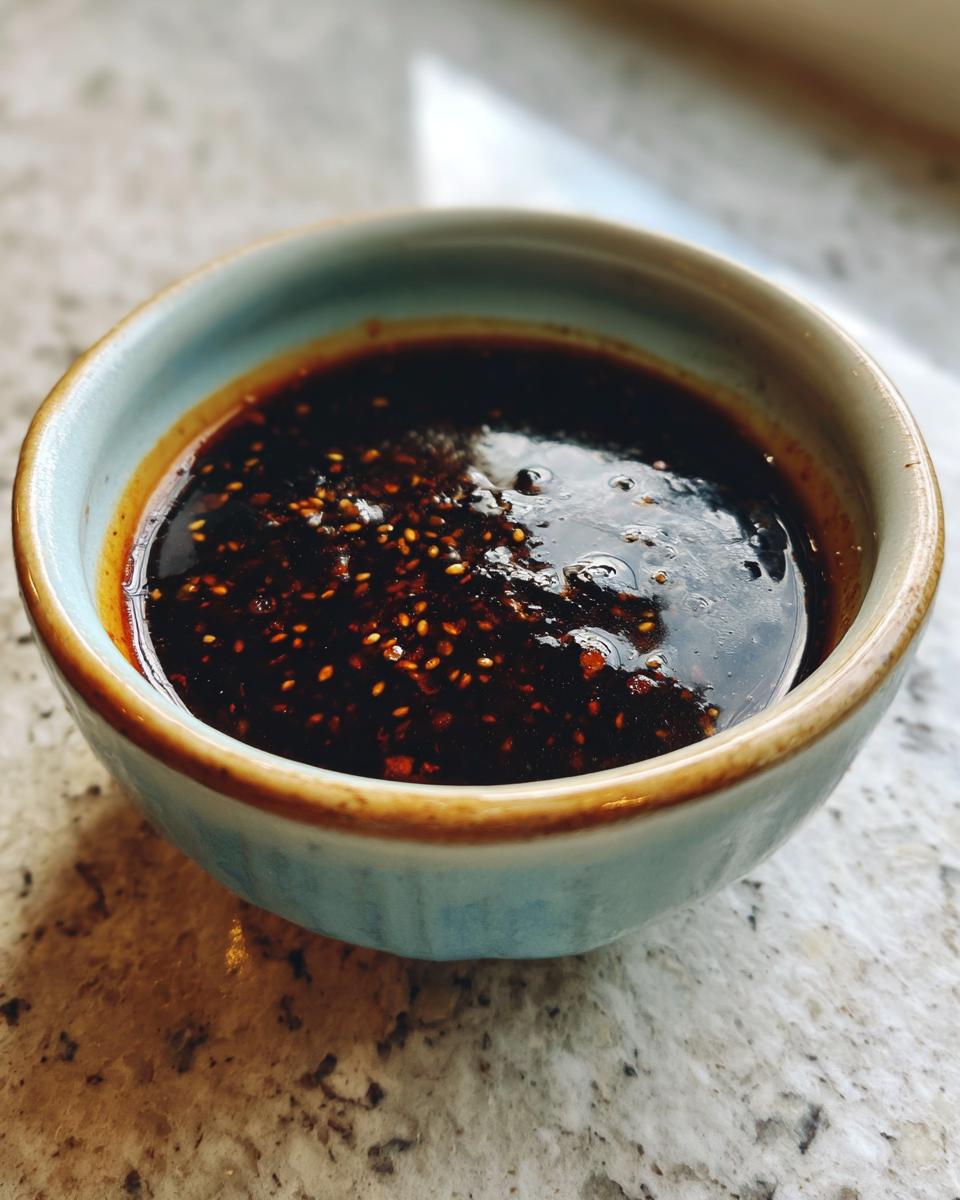 Close-up of homemade Dumpling Sauce in a small blue bowl, showing sesame seeds and rich color.