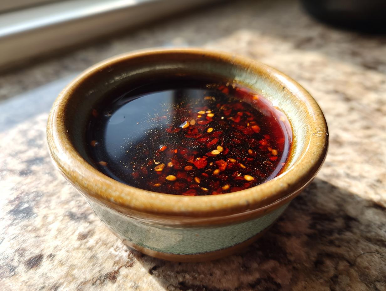 Close-up of homemade dumpling sauce in a small ceramic bowl, showing chili flakes and sesame seeds.