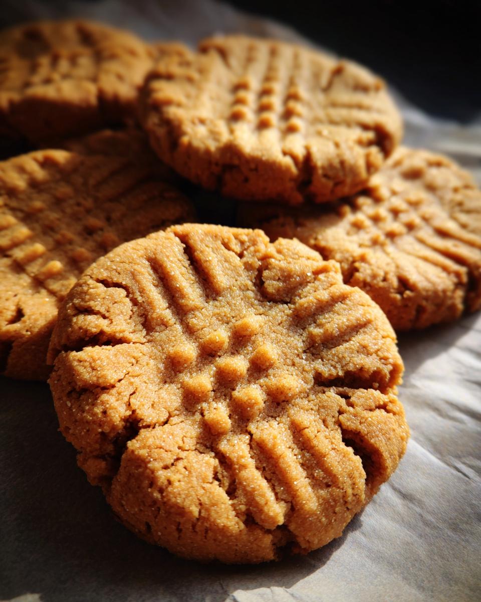 Close-up of several Easy Peanut Butter Cookies with a classic fork pattern on parchment paper.