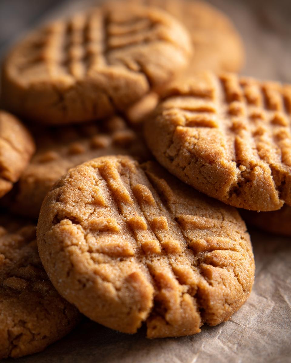 A close-up of several Easy Peanut Butter Cookies, showing the classic fork-press pattern.