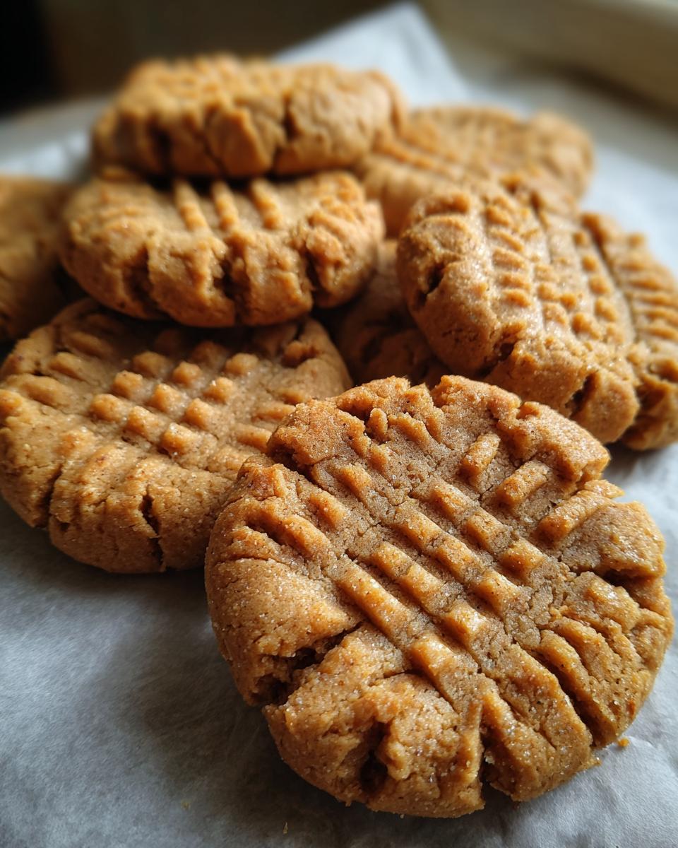 A stack of freshly baked Easy Peanut Butter Cookies with a classic criss-cross pattern.