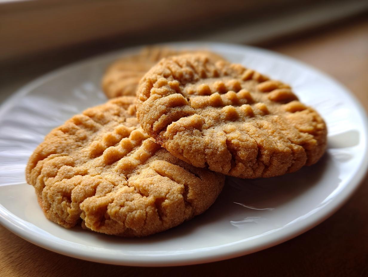 Three easy peanut butter cookies stacked on a white plate, showing the classic fork-press pattern.