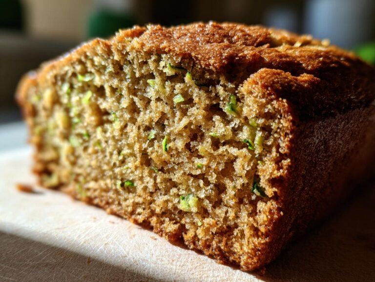 Close-up of a moist loaf of Easy Zucchini Bread, showcasing the texture and zucchini pieces.