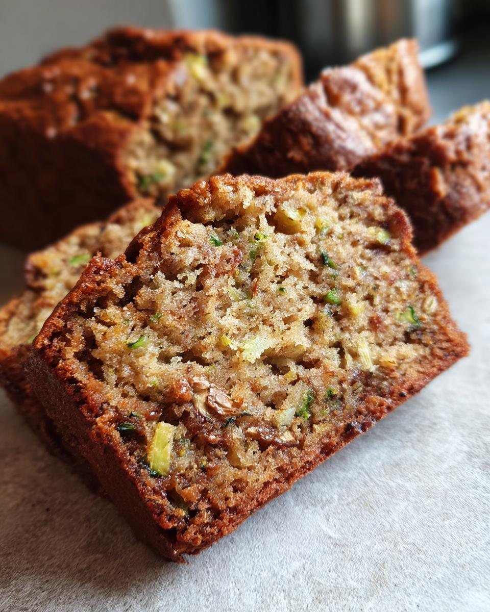 Close-up of a slice of moist Easy Zucchini Bread, showcasing the texture and zucchini pieces.