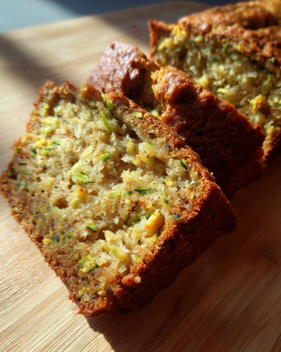 Close-up of slices of moist Easy Zucchini Bread on a wooden board, showing the zucchini and texture.