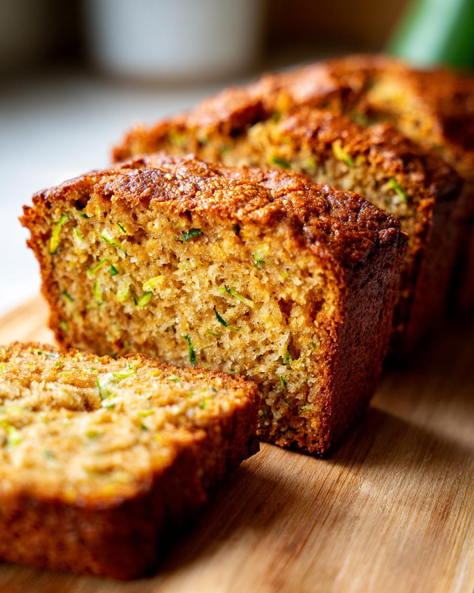 Slices of moist Easy Zucchini Bread on a wooden cutting board, showing the zucchini flecks.