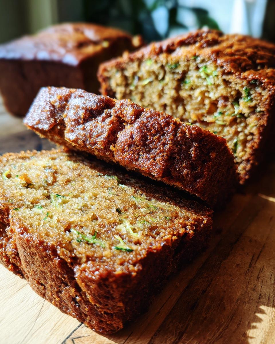 Close-up of sliced Easy Zucchini Bread on a wooden board, showcasing its moist texture and zucchini flecks.