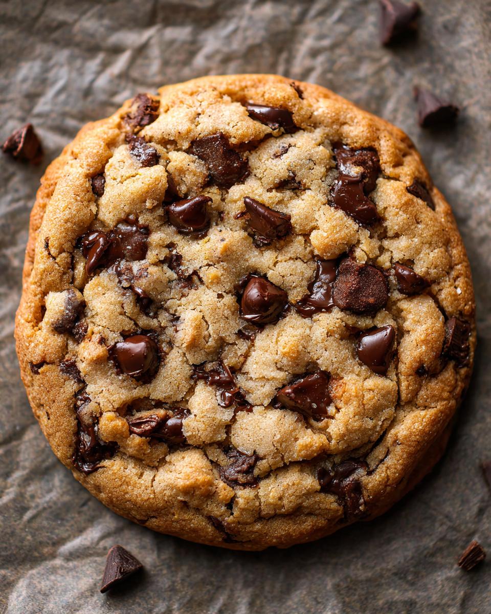 Overhead view of a single, large Edible Chocolate Chip Cookie Dough cookie with melted chocolate chunks.