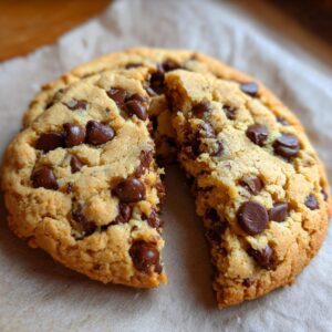 A scrumptious Edible Chocolate Chip Cookie Dough cookie with a piece broken off, revealing chocolate chips.