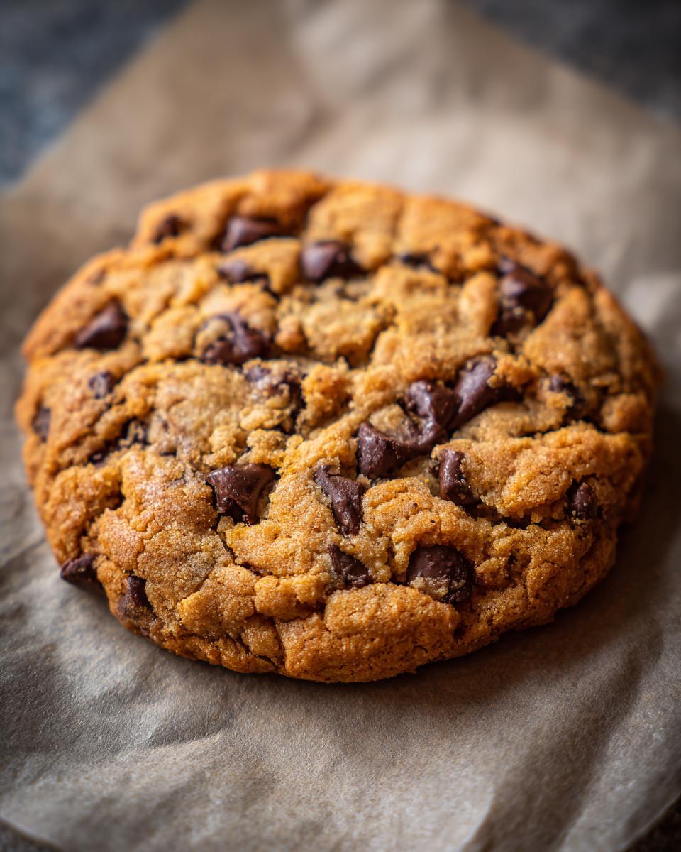A single, large cookie made from Edible Chocolate Chip Cookie Dough, topped with dark chocolate chips.