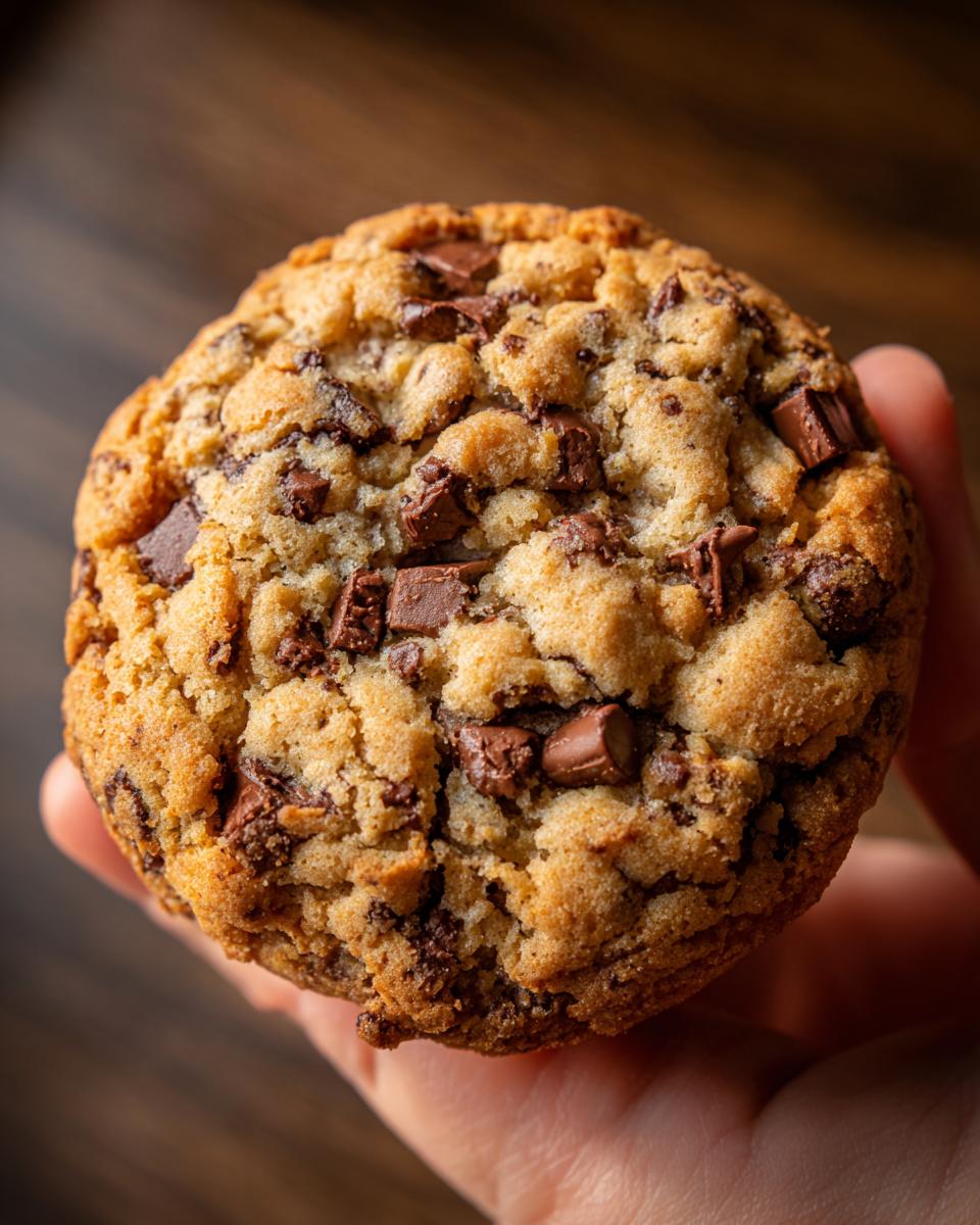 A hand holds a large ball of Edible Chocolate Chip Cookie Dough, studded with chocolate chunks.