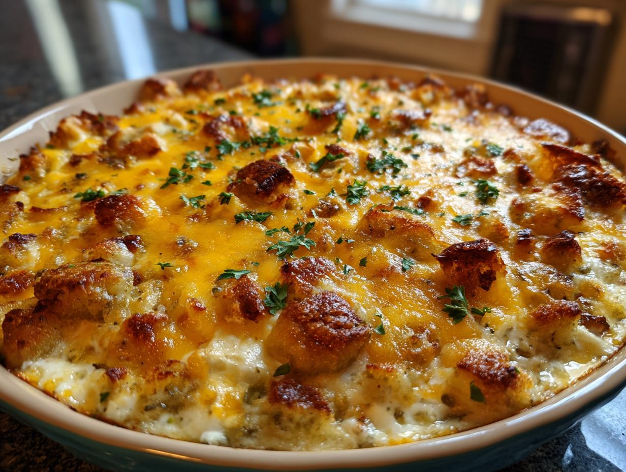 Baked Fried Pickle Dip with melted cheese and fried pickle pieces in a round baking dish.