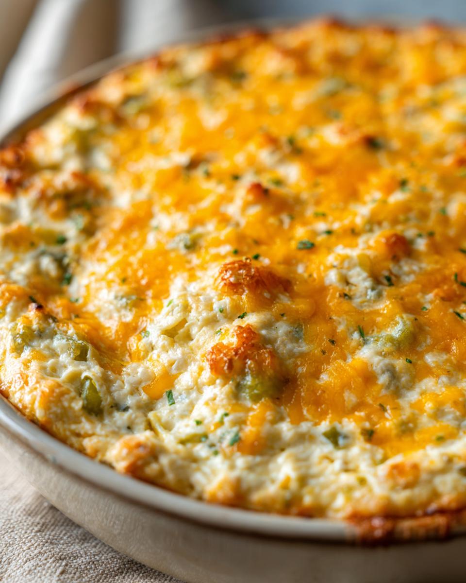 Close-up of baked Fried Pickle Dip with melted cheese in a baking dish, ready to serve.