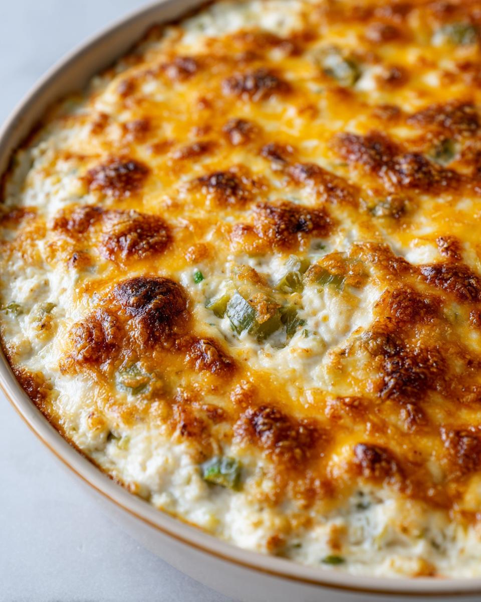 Overhead view of a cheesy baked Fried Pickle Dip in a round dish, ready to serve.