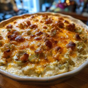 Overhead shot of a creamy Fried Pickle Dip with melted cheese and crispy fried pickle pieces.